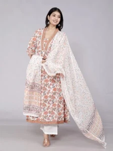 Hand block printed pure cotton anarkali kurti with pant and dupatta set, suits - Picture 1 of 8