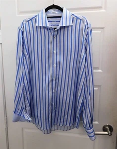 Bugatchi Uomo 100% Cotton Blue White Striped Button Down Shirt L - Picture 1 of 5