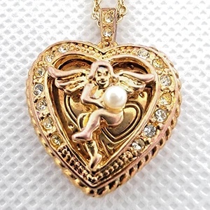 Vintage Premier Designs Angel Heart Pearl CZ YG / Rose Gold Locket 18" Necklace - Picture 1 of 14