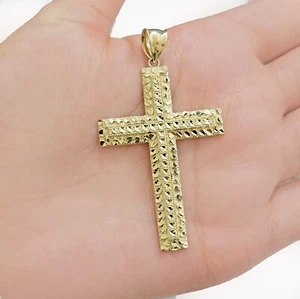 Real 10k Yellow Gold Cross charm pendant plain 2.2" diamond cuts jesus cross - Picture 1 of 9