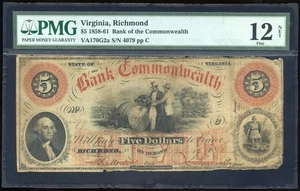 Richmond Virginia Bank of the Commonwealth $5 July 17, 1861 PMG Fine 12 NET - Picture 1 of 2