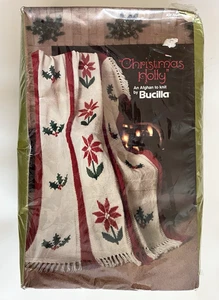 Vintage - Bucilla "Christmas Holly" Afghan Blanket - 44" x 66" Knit Kit 7953 - Picture 1 of 8