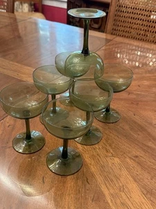 Set of Mid Century Avocado Green Crystal Coupe Glasses Set 7 - Picture 1 of 5
