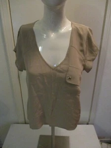 JAMISON Beige 100% Silk Top with V-Neck, Cap Sleeves and Breast Pocket Size S - Picture 1 of 11