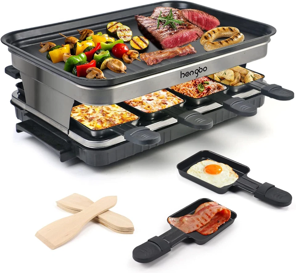 HengBO Raclette Grill 8 Personen1500W Antihaftplatte 8 Pfännchen & 4 Holzspatel