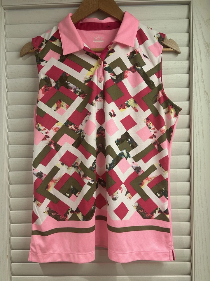 EP Pro Tour Tech Womens Polo Golf Top Size L Pink Geometric Sleeveless pullover - Image 1 of 4