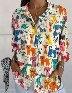 Women's Plus 22 3x Colorful Dog Paw Linen Feel Top Shirt Collared Button Long - Picture 1 of 6