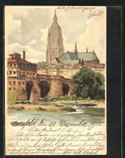 Lithographie Alt-Frankfurt, Blick auf Brücke und Dom 1900 