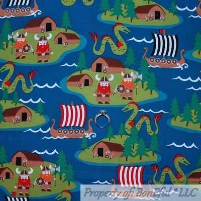 BonEful FABRIC FQ 棉被子蓝色水景海盗船船 B&W 红色条纹 — 第 1/4 张图片