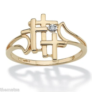 ANILLO ORO 10K CRUCIFIJO TRIPLE CRUZ DIAMANTE ACENTO TALLA 5,6,7. 8, 9,10 - Imagen 1 de 3