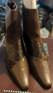 Monzo Franco Oyster Chocolate Leather Pointed Toe Patchwork Ankle Boots 6.5 M - Picture 1 of 8