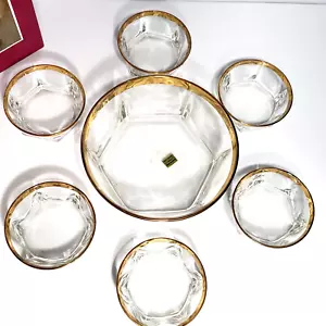 Vintage Cristalleria Fumo Gold Rimmed Macedonia Set 7 Pieces Made in Italy - Picture 1 of 12