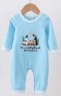 HD Baby Boy Blue Christmas Embroidered Nativity Romper Size 12 Month  NEW - Image 1 of 3