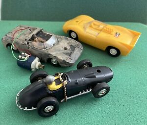 VTG. THREE 1960's ELDON 1/32 SLOT CARS, PARTS LOT, ENGINES MABUCHI  RUN! L@@K!