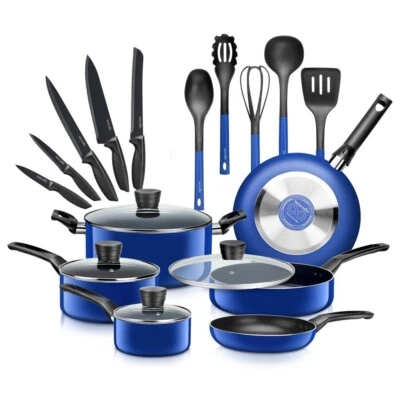 NUTRICHEF SereneLife 20Pcs Kitchenware Pots & Pans Set-Black Non-Stick Coating Inside-Blue