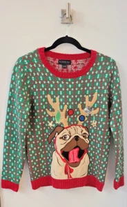 KIDS L (14-16) PUG CHRISTMAS SWEATER Ornaments & Antlers - EXCELLENT Condition - Picture 1 of 4