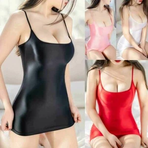 Damen Satin glänzend Dessous Bodycon Tops Träger Minikleid Cocktail Party Club - Bild 1 von 17