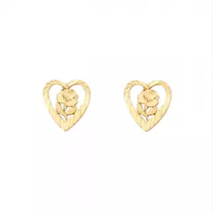 14K Solid Yellow Gold Rose Heart Stud Earrings - Flower Love Dia Cut Women Girl - Picture 1 of 1