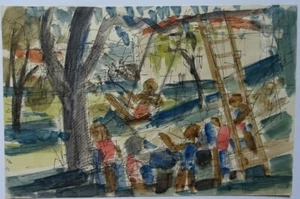 JACQUES PETIT ECOLE PARIS PFLEGEBEDÜRFTIGER AQUARELL BADENDER SEE CHAMPIER JURA - Bild 1 von 4