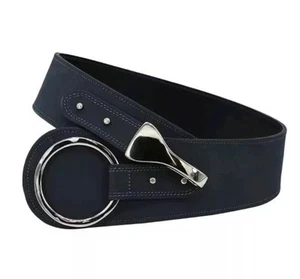 Clara Perri Blue Leather Wide Belt Statement Silver Chrome Buckle 110cm Large - Picture 1 of 7