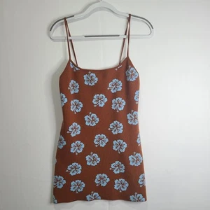 Pacsun Brown Floral Thick Knit Tropical Strappy Tank Mini Dress Retro Y2K Large - Picture 1 of 15