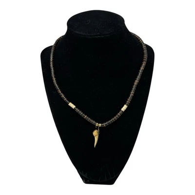 Vintage 1970s Heishi Coconut Puka Shell Bead Necklace Animal Tooth Pendant 18" - Image 1 of 4