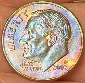 2002-D Roosevelt Dime Beautiful Lustrous Gold/Rainbow Toned Coin #10 - Picture 1 of 12