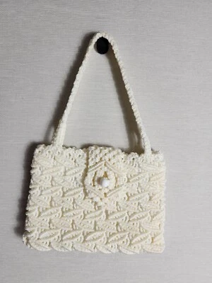 Vtg Macrame String Boho Cream Ivory Purse Bag Lined Button 8.5" Tall 12" Wide - Image 1 of 4