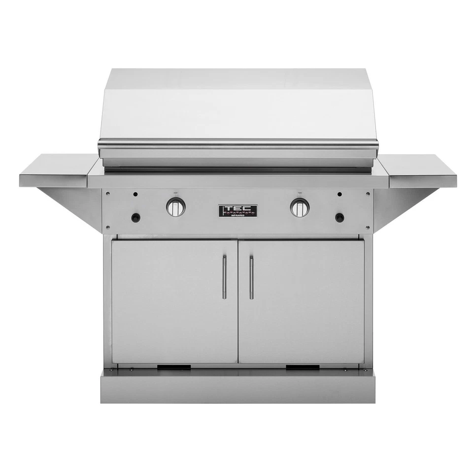 TEC Patio 2 FR Infrared Propane Gas Grill On Stainless Steel Pedestal with Two S