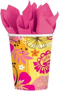 Tropical Heat Hibiscus Pink Orange Summer Luau Beach Party 9 oz. Paper Cups - Picture 1 of 1