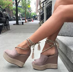 Schutz Giovanella Neutral Canvas Woven Rope Wedge Wrap Around Laces - Picture 1 of 14
