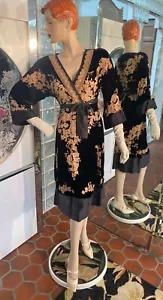 Hale Bob Burnout Velvet Dress Black Tan Y2K Boho High waist Dolman Sleeve Bead S - Picture 1 of 12