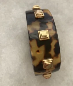 Tory Burch Tortoise Shell Cool Gold Stud Adjustable Fold Over Bangle Bracelet - Picture 1 of 5