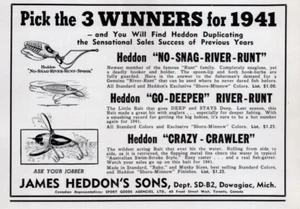 Señuelos de pesca Heddon 1941 anuncio impreso Crazy Crawler, River Runt, Go Deeper Runt - Imagen 1 de 2
