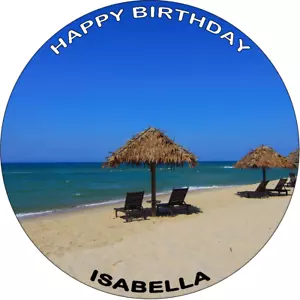 PREMIUM BEACH 7.5" VACACIONES COMESTIBLE ARROZ OBLEA PAPEL TARJETA REDONDO PASTEL TOPPER D4 - Imagen 1 de 6