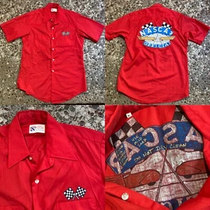 Vintage 70s NASCAR OFFICIAL Custom Print Red Kap Mechanic Racing Shirt Mr Exec L - Picture 1 of 7