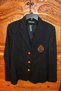 Lauren Ralph Lauren Navy Blue Wool Blazer Jacket Embroidered Crest Logo Size 12 - Picture 1 of 10