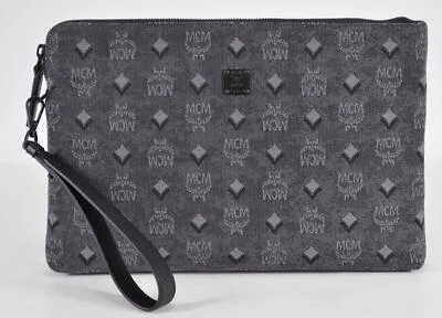 New MCM Jacquard Leather Veritas Visetos Logo Wristlet Purse Clutch Pouch GREY - Image 1 of 4