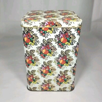 Square Tin Container Fruit Metal Box Hinged Lid England Vintage 6" Retro Cottage - Image 1 of 4