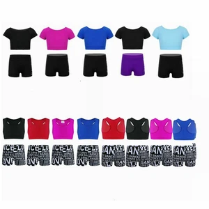 Kids Girls Dance Unitard Athletic Gymnastic Sports Crop Tank Tops+Shorts Sets - Picture 1 of 54