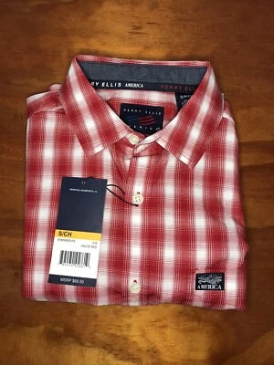 Camisa social Perry Ellis vermelha manga curta pequena S botão para cima US$ 69,50 nova com etiquetas - Imagem 1 de 4