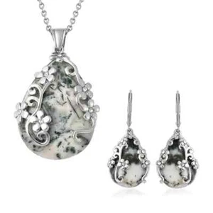 Set aus dendritischen Achat Blumen Ohrringe und Anhänger Halskette, weiß österreichisch schreit - Bild 1 von 1