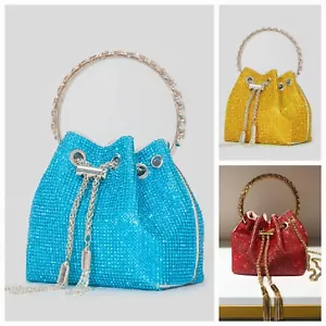 Evening Clutch Bag Blue Red Gold Rhinestone Crystal Bucket Party Bag with Tassel - Picture 1 of 10
