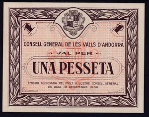 BILLETE ANDORRA - 1 PESETA 1936 - CONSEJO GENERAL ANDORRA - SIN CIRCULAR - Imagen 1 de 2