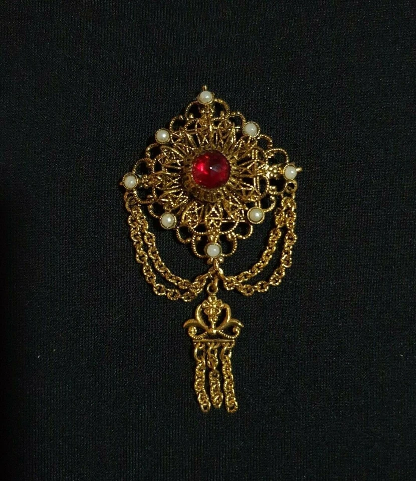 vintage czech glass gold tone filigree tassle brooch faux red ruby stone pearls - Image 1 of 2