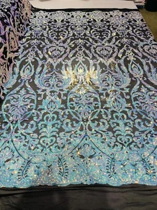 Aqua Iridescent Sequin Fabric 4 Way Stretch Lace Fabric Damask Design By Yard - Picture 1 of 4