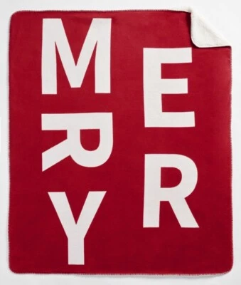 NEW Pottery Barn Merry Jacquard Sherpa Back Throw Blanket, Red/White, 50”Wx60”L - Image 1 of 4
