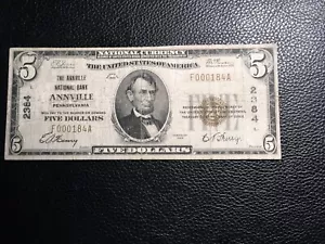 5.00 National Bank Note Annville Pennsylvania no tears Or Pin Holes. - Picture 1 of 3