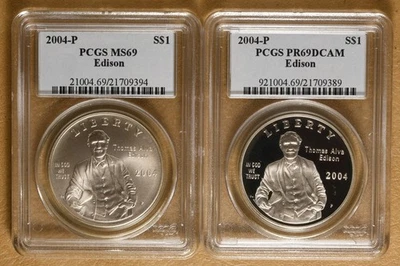 2004 Unc & Proof Edison Commemorative Silver Dollars PCGS MS69 & PR69DCAM - Image 1 of 2