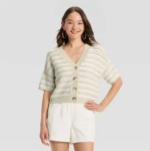Damen Kurzarm Strickjacke mit Knopfleiste - Universal Thread™ Creme gestreift XS - Bild 1 von 2